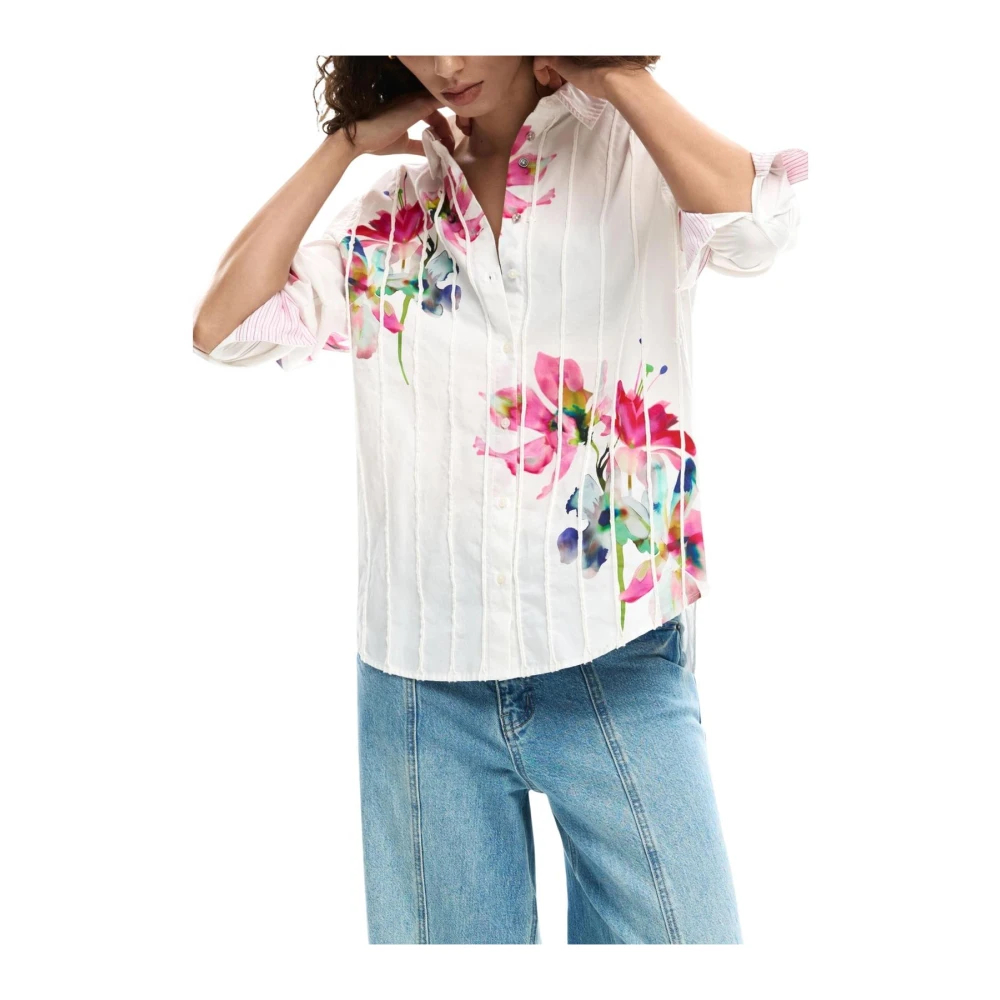 Desigual Vrouw Wit Overhemden Dames, Xl, Katoen, Bloemenkatoenen Shirt Met Lange Mouwen En Klassieke Kraag