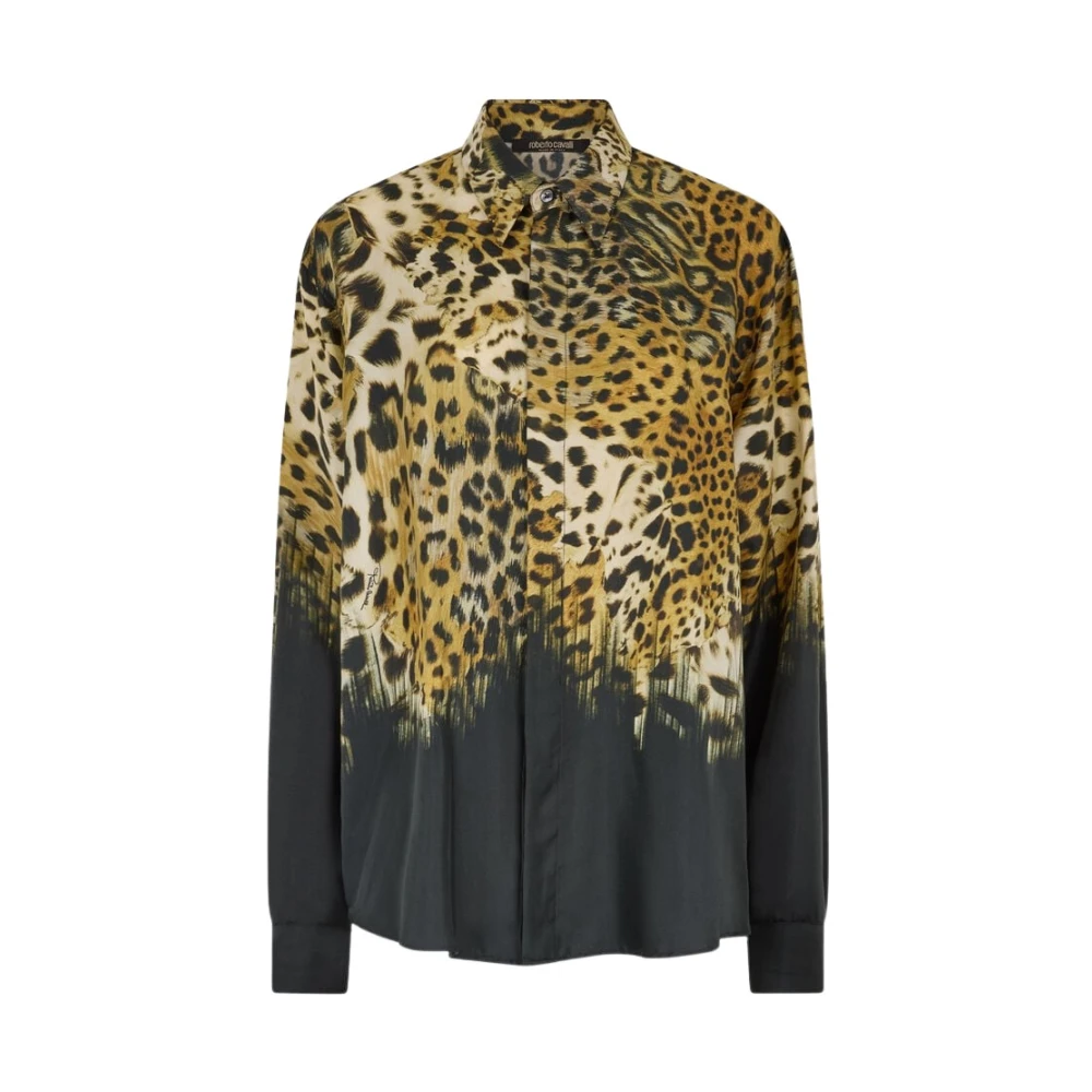Roberto Cavalli Brown Shirts, Female, Xl, Jaguar Print Silk Shirt Long Sleeves