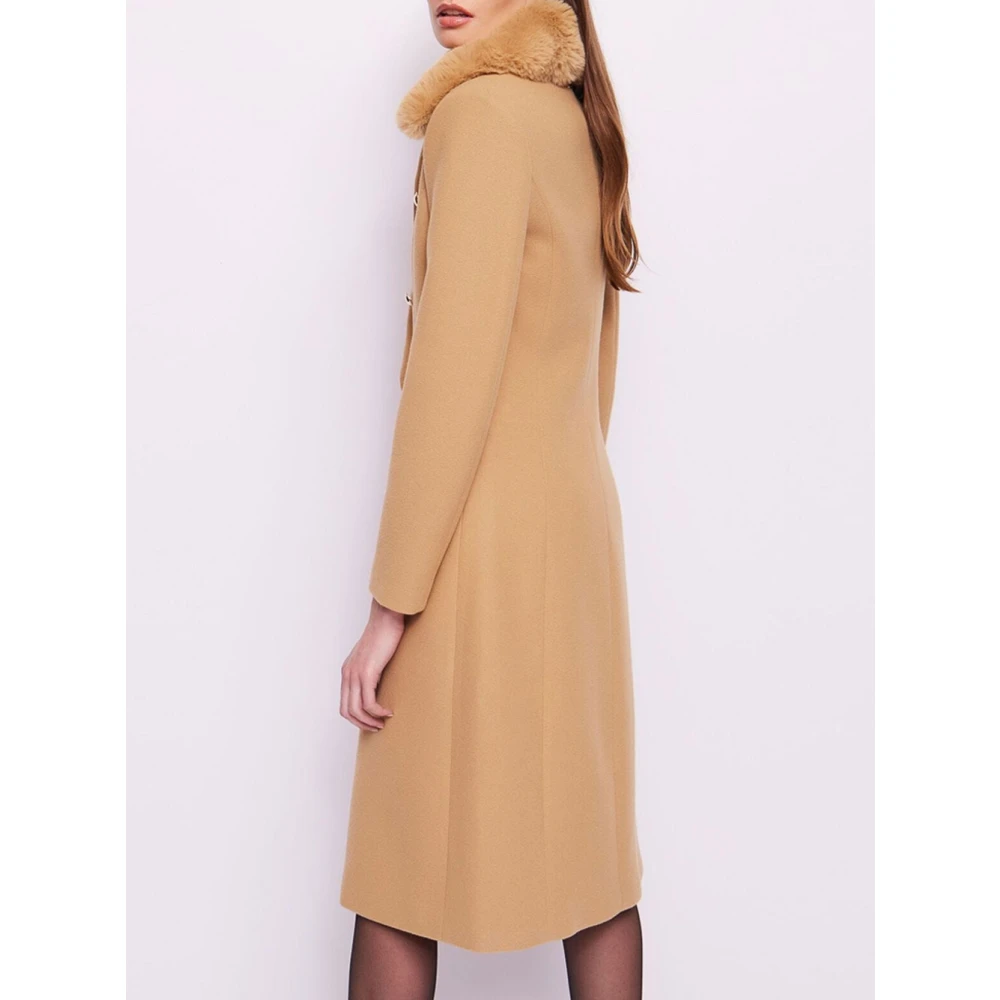 Gaudi Bruine wollen jas met imitatiebont kraag Beige Dames