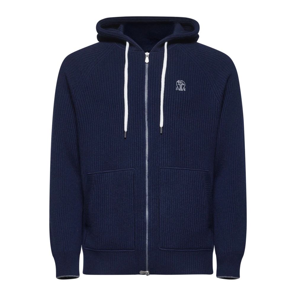 BRUNELLO CUCINELLI Blauwe Cashmere Trui met Ritssluiting Blue Heren
