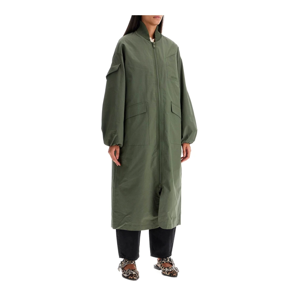 Ganni Technische Seersucker Trenchcoat Green Dames