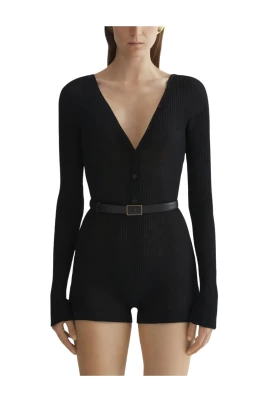 Button-front Ribbed Bodysuit