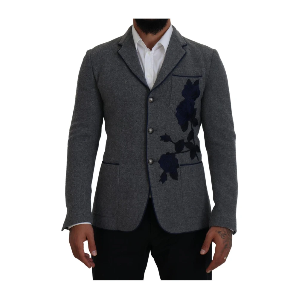 Dolce & Gabbana , Blazers, Male, Gray, Xs, Floral Embroidered Blazer