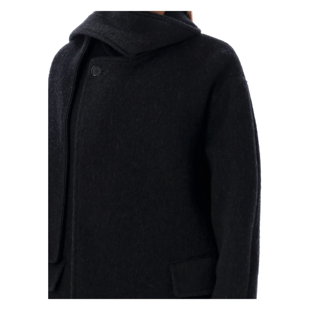 Msgm Zwarte Wol Lange Jas Sjaalkraag Black Dames