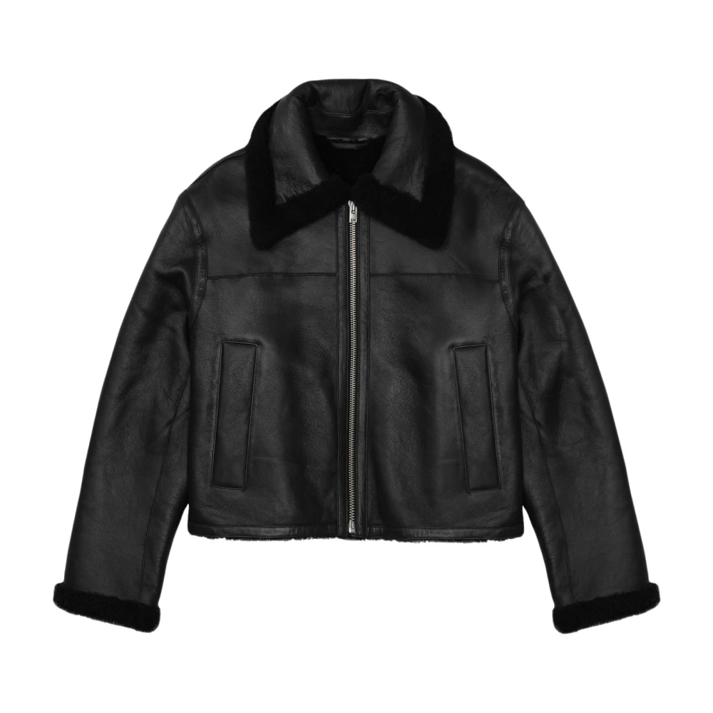 Closed Aviator Style Schapenleren Jas met Zijzakken en Ritssluiting Black Dames