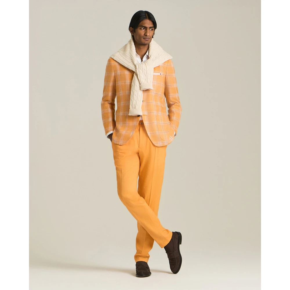 Kiton Geruite Cashmere Blend Blazer Orange Heren
