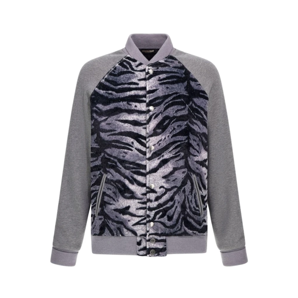 Roberto Cavalli Men's Gray Bomber Jackets, Xl, Zebra Print Sweatshirt With Buttons