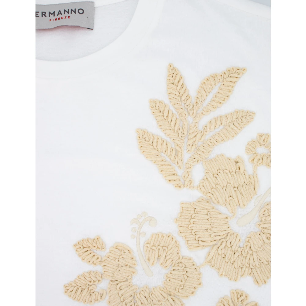 Ermanno Scervino Geborduurd Katoenen T-Shirt met Bloemen White Dames