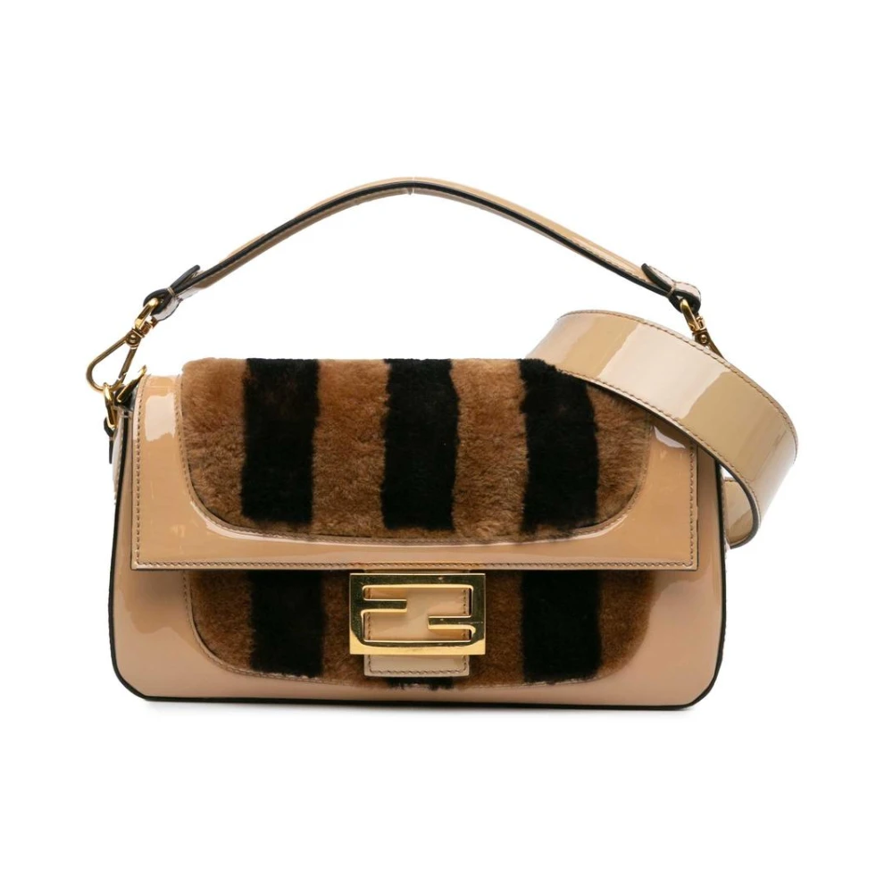 Fendi Vintage Donna Marrone Borsa In Pelle Verniciata Con Dettaglio In Shearling Usata