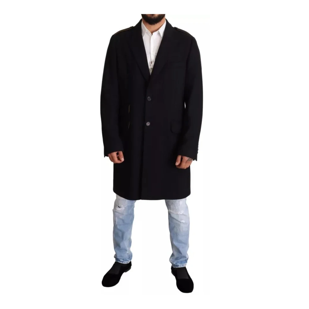 Dolce & Gabbana Blauwe Wollen Trenchcoat met Gouden Zijde Blue Heren