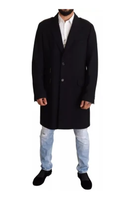 Blå Ull Trench Coat med Guld Silke