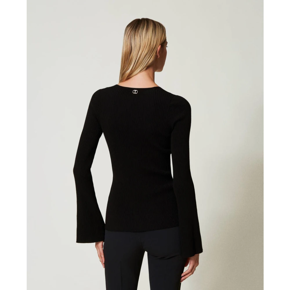 Twinset Zwarte Geribbelde V-Hals Sweaters Black Dames
