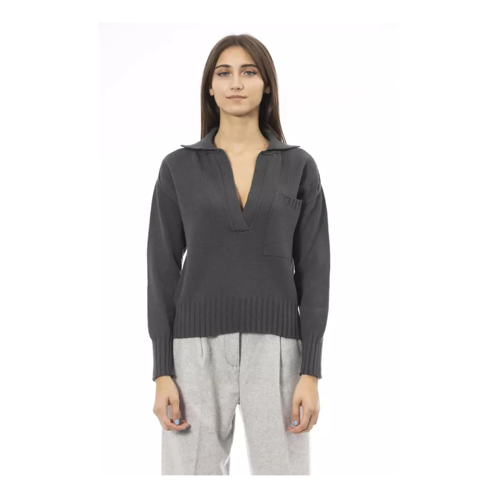 Alpha Studio Groene Wollen V-hals Trui met Voorzak Green Dames