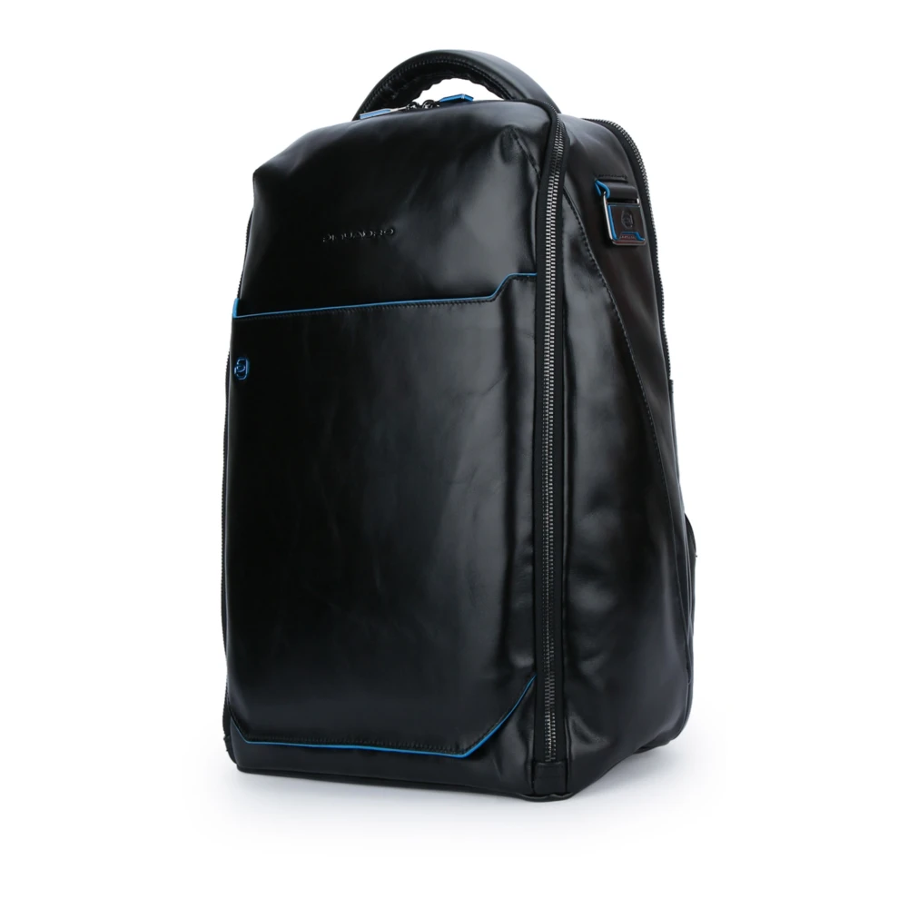 Piquadro Leren Laptop Rugzak met 2 Compartimenten Black Unisex