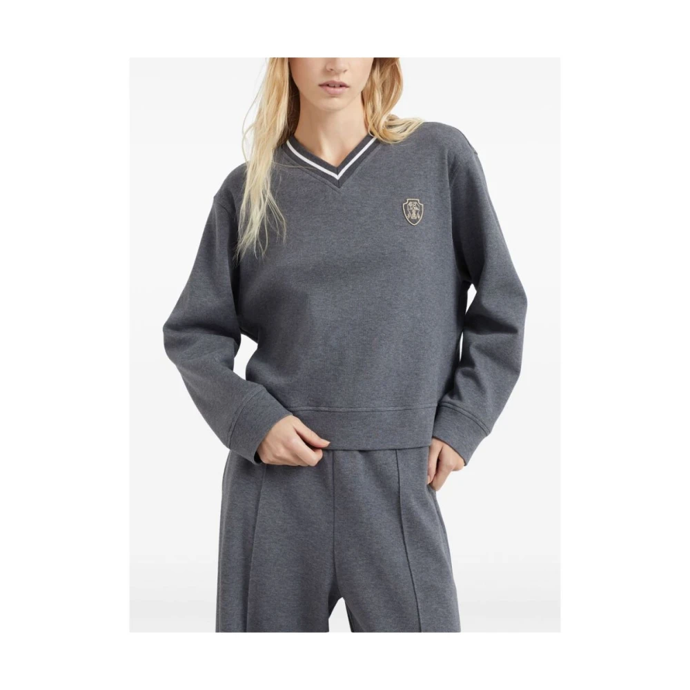 BRUNELLO CUCINELLI Grijze Katoenen V-hals Sweatshirt met Streep Trim Gray Dames