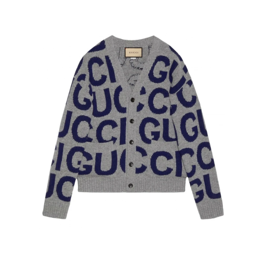 Gucci Intarsia Wol Cardigan met Logo Gray Heren