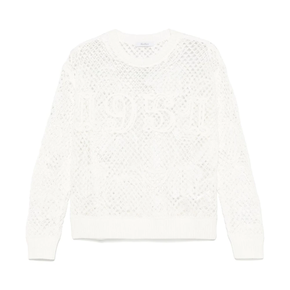 Max Mara Witte Geribbelde Trui Ronde Hals Lange Mouwen White Dames