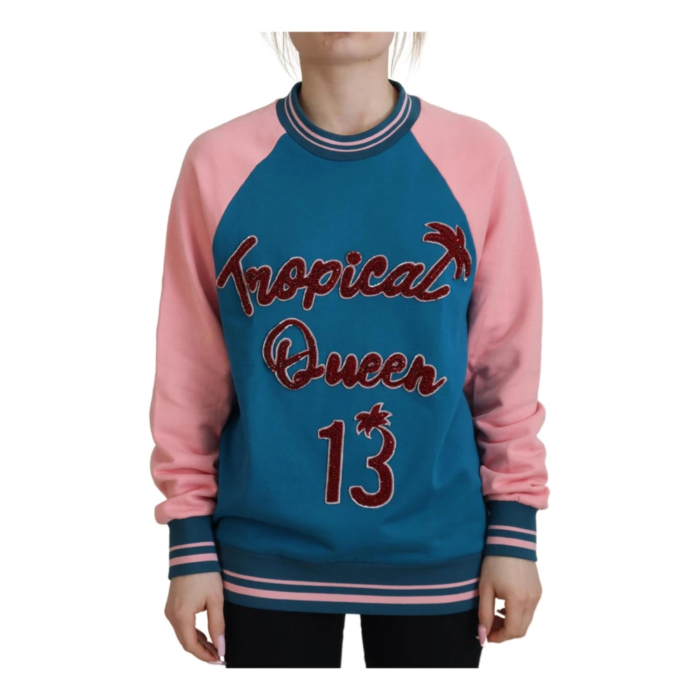 Dolce & Gabbana Women's Blue Sweatshirts, L, Sequined Tropical Queen Crewneck Jumper