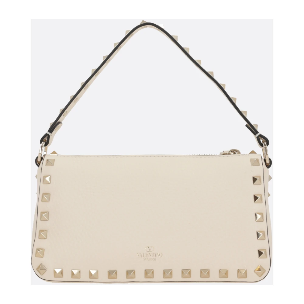 Valentino Garavani Studded Leren Schoudertas Ivoor Brown Dames