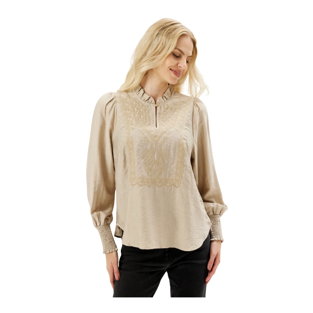 IN Front Emma Blouse met Smock Manchetten Beige Dames