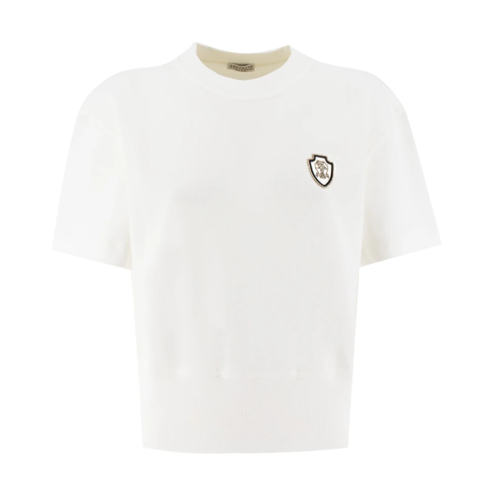 BRUNELLO CUCINELLI Logo T-shirt met geribbeld patroon White Dames