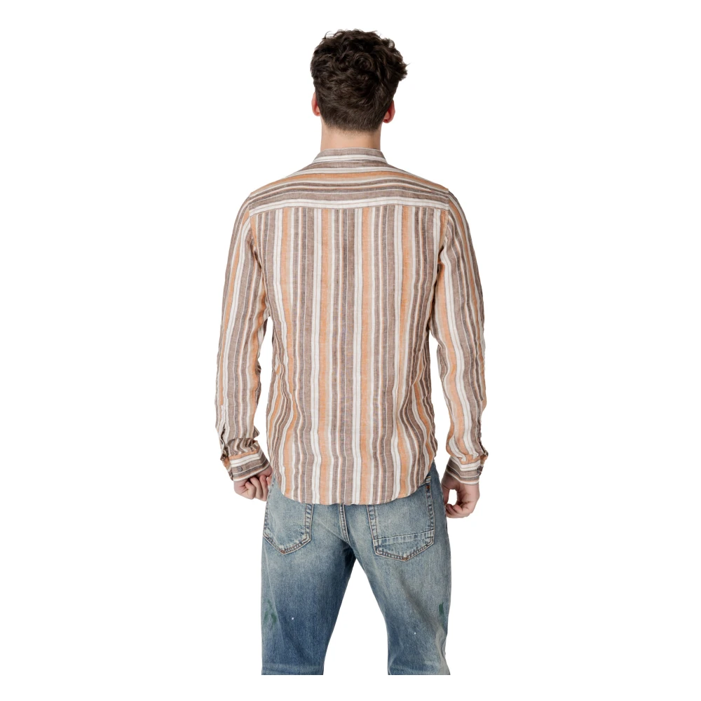 Gianni Lupo Bruin Gestreept Linnen Mandarin Kraag Overhemd Multicolor Heren