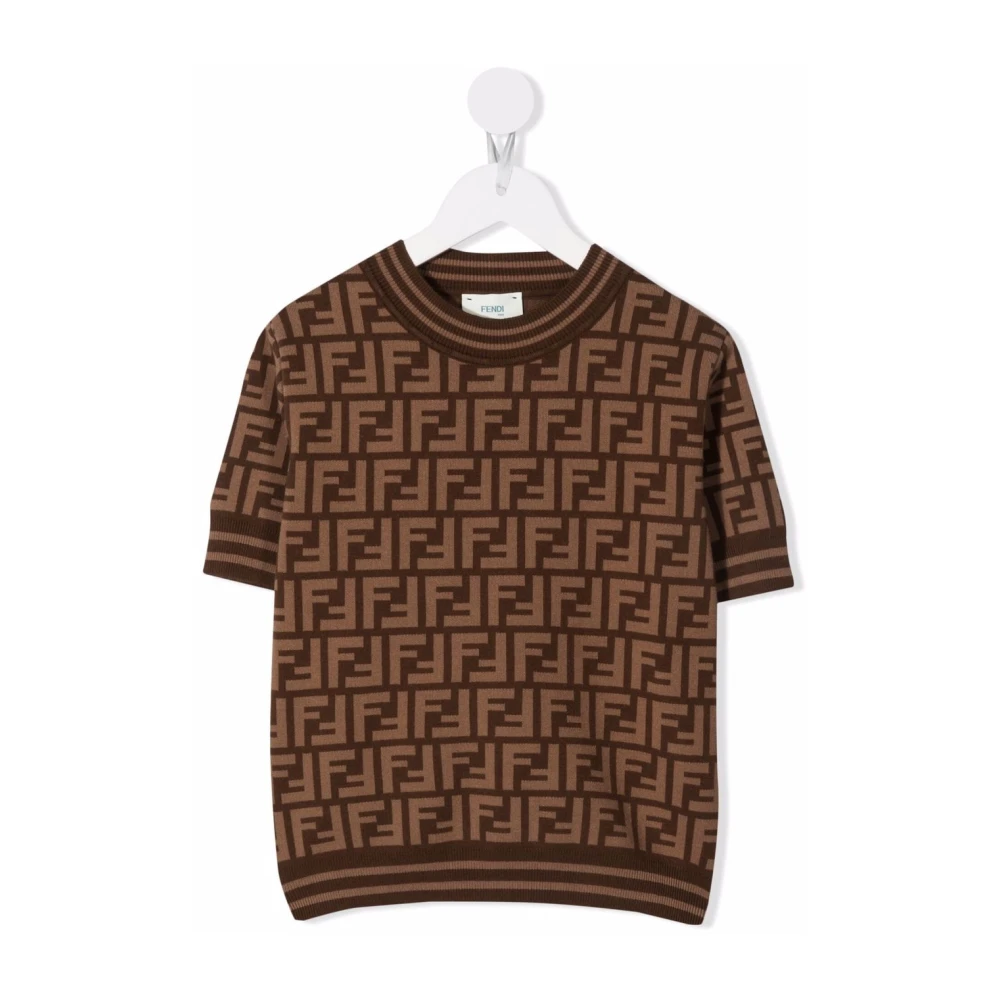 Fendi , Kids Blouses, Female, Brown, 12 Y, Brown Crewneck Top With Greek Key Pattern