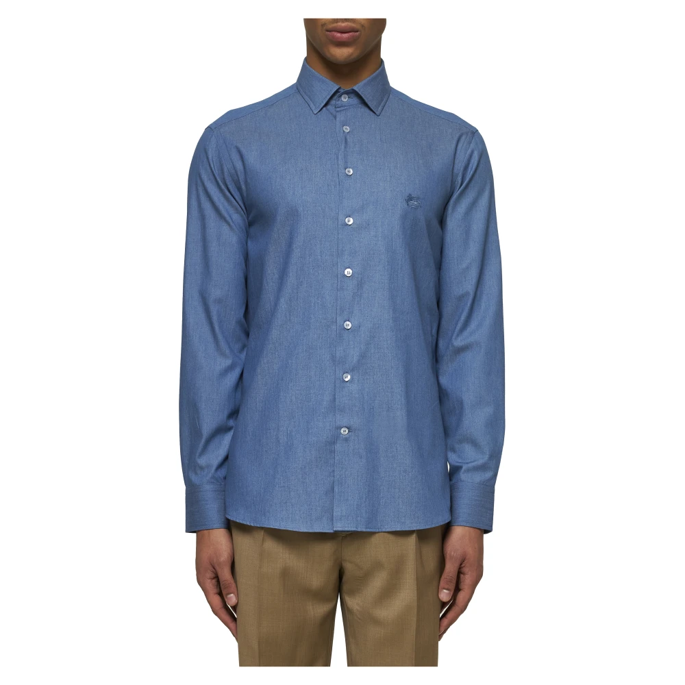 ETRO Blauw Overhemd met Pegaso Borduursel Blue Heren