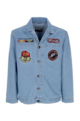 Blå Denim Baseball Jacka med Patch Logos