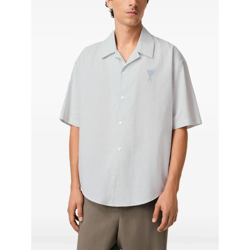 Ami Paris Korte mouw Cubaanse kraag overhemd logo patroon Blue Heren