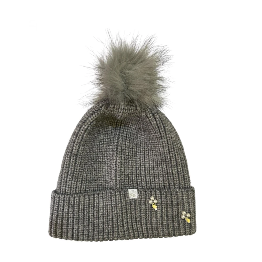 Molly Bracken Geribbelde acryl muts met nepbont pompon Gray Dames