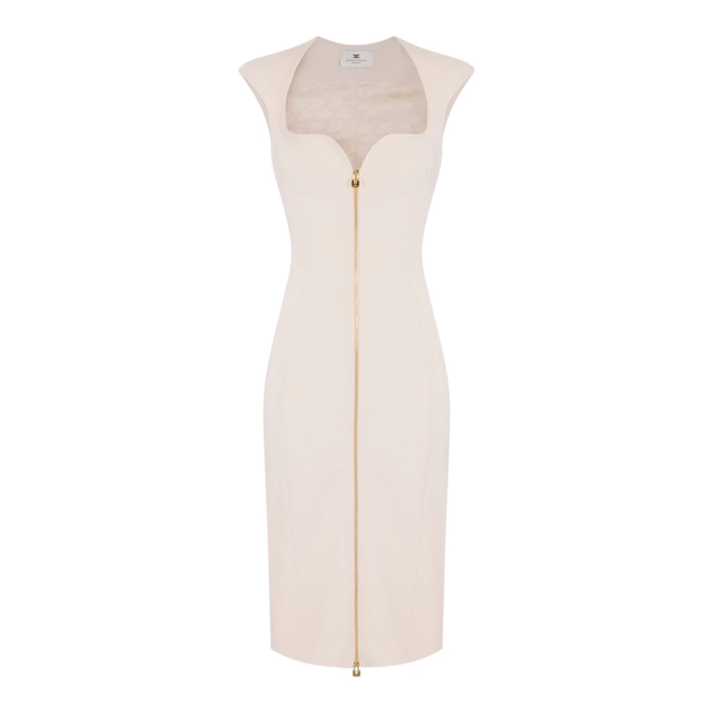 Elisabetta Franchi Beige Midi Sheath Dress In Double Crepe Stretch - Female - Midi Dresses - L - Dresses