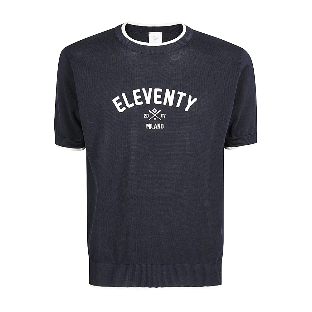 Eleventy Geborduurd Katoenen Ronde hals T-shirt Blue Heren