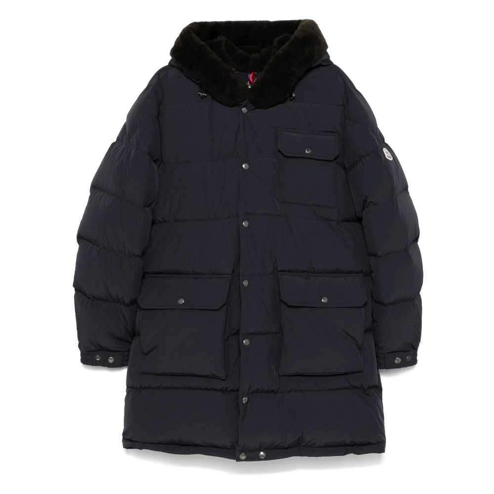 Moncler Gewatteerde jas met capuchon en imitatiebont Blue Heren