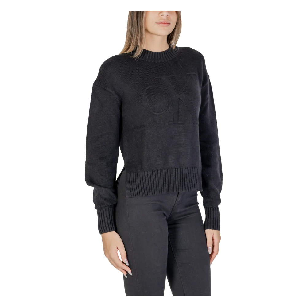 Calvin Klein Jeans Zwarte Gebreide Trui Lange Mouwen Ronde Hals Black Dames