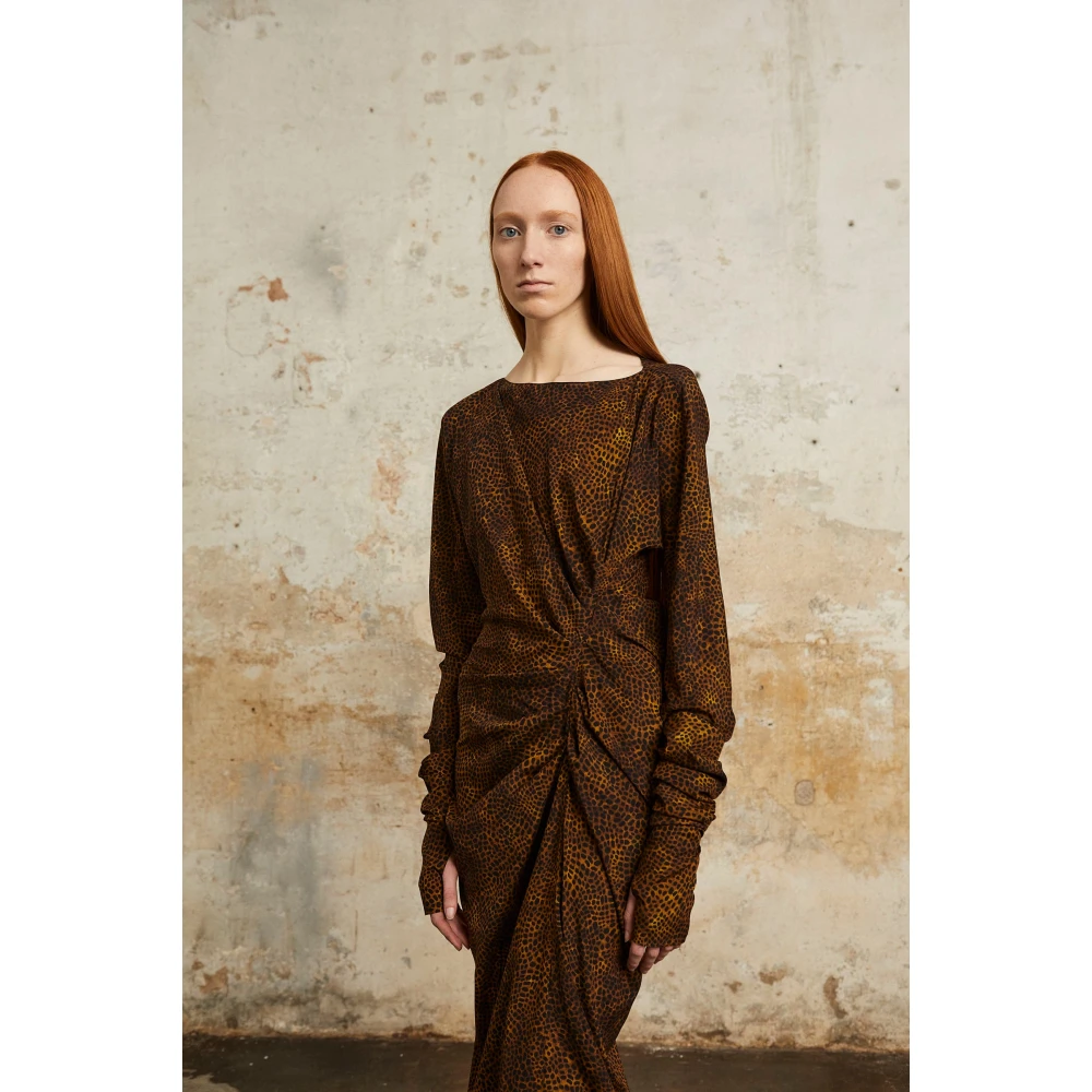 Cortana Dierenprint zijden asymmetrische lange jurk Brown Dames