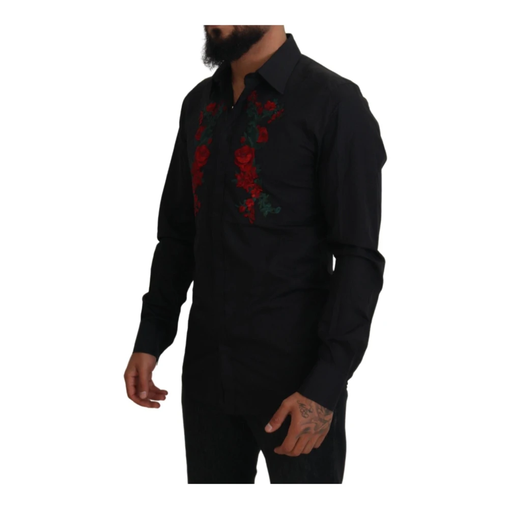 Dolce & Gabbana Zwarte katoenen overhemd met bloemenborduursel Black Heren