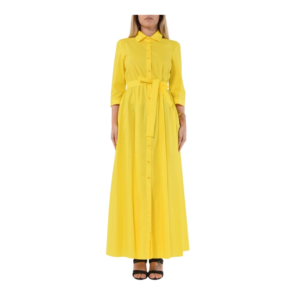 PATRIZIA PEPE Lange katoenen popeline jurk met overhemdkraag Yellow Dames