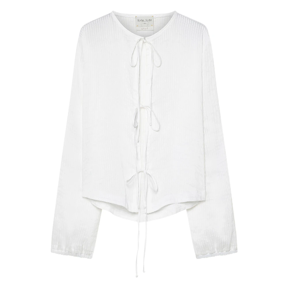 Forte Forte Women's White Blouses, S, Silk Linen Voile Pinstriped Shirt With Strings