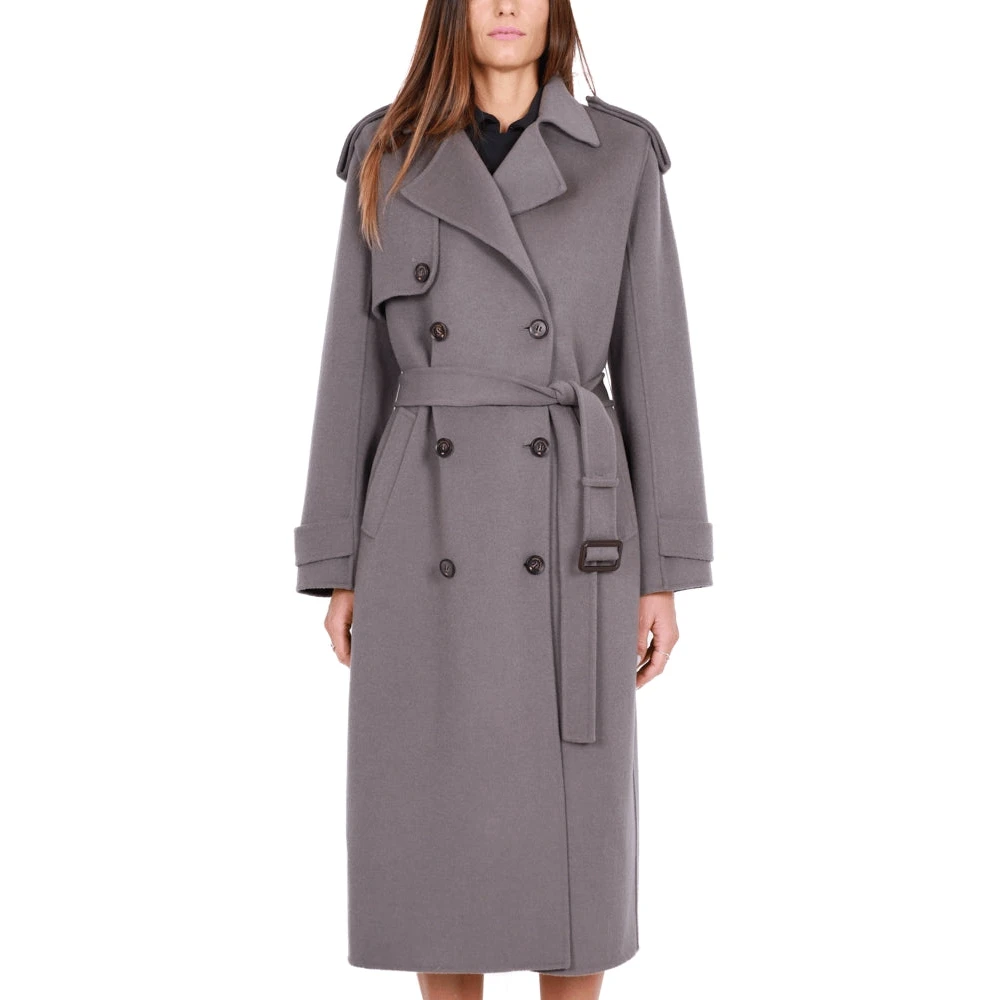 Elisabetta Franchi Grijze Wol Lange Double-Breasted Jas Gray Dames