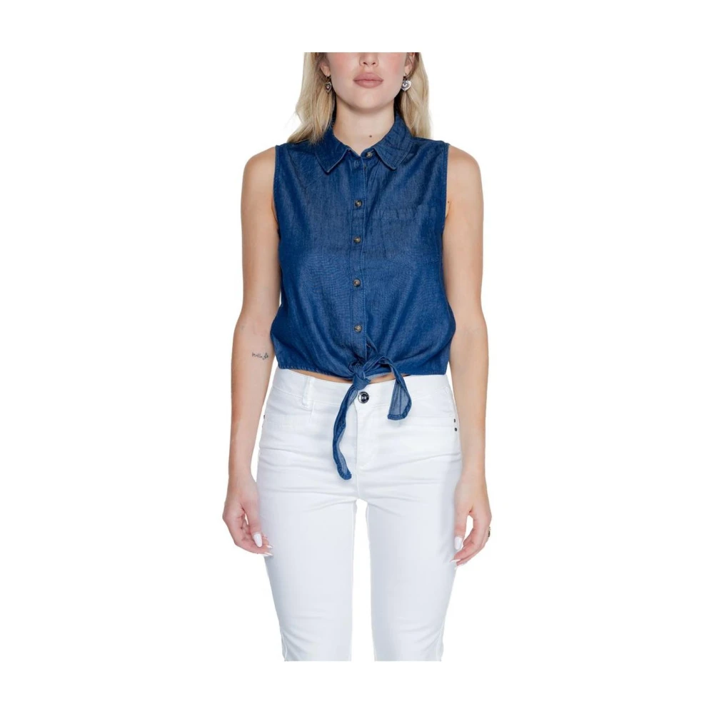 Jacqueline de Yong Blauw Katoenen Mouwloze Strik Voorkant Top Blue Dames