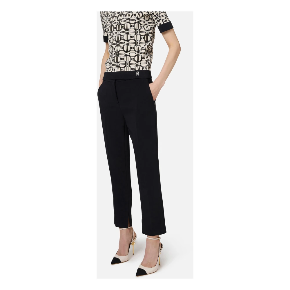 Elisabetta Franchi Zwarte Rechte Crepe Broek met Gouden Logo Black Dames