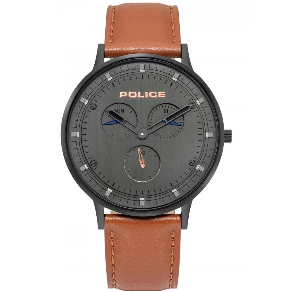 Police Men's Gray Watches, One Size, Watch Quartz 42Mm Stainless Steel Grey Calfskin Brown