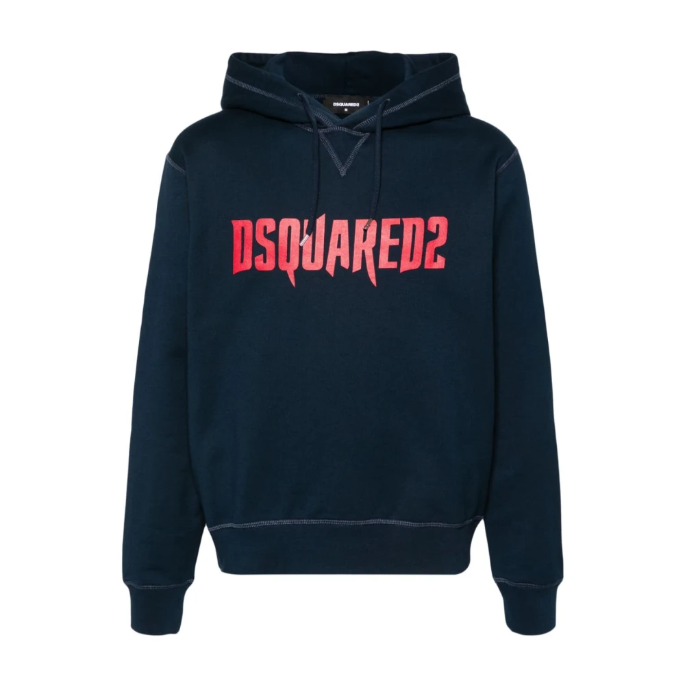 Dsquared2 Navy Blue Logo Print Hoodie Blue Heren