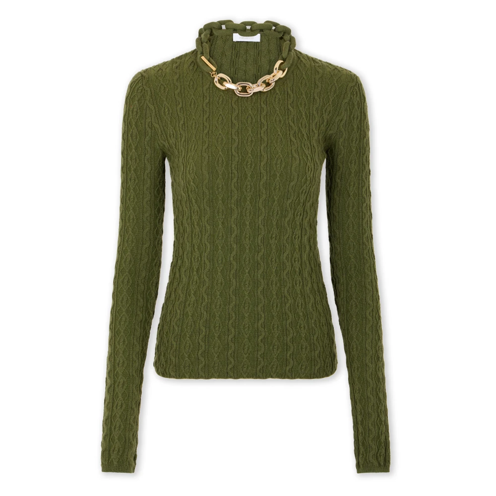 Rabanne Women's Green Turtlenecks, S, Khaki Wool Jumper With Chain Detail