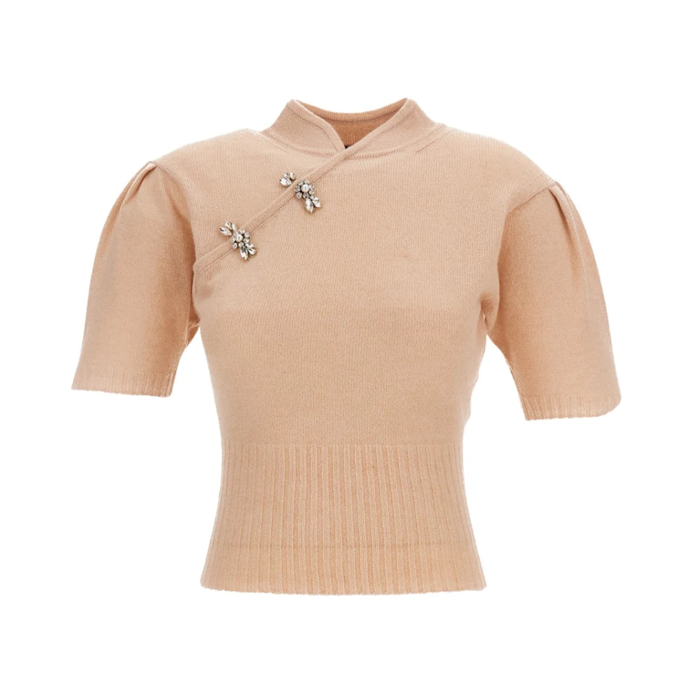 Simone Rocha Pink Cashmere Knitwear, Female, Xs, Embellished Mandarin Collar Cashmere Jumper