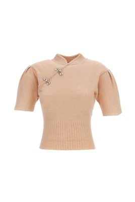 Embellished Mandarin Collar Cashmere Sweater