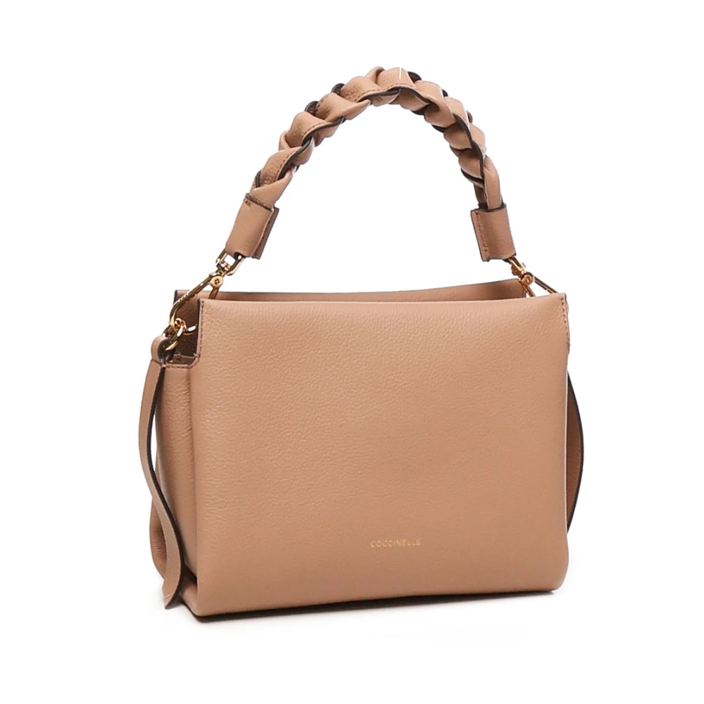 Coccinelle Gevlochten Handvat Leren Schoudertas Perzik Beige Dames