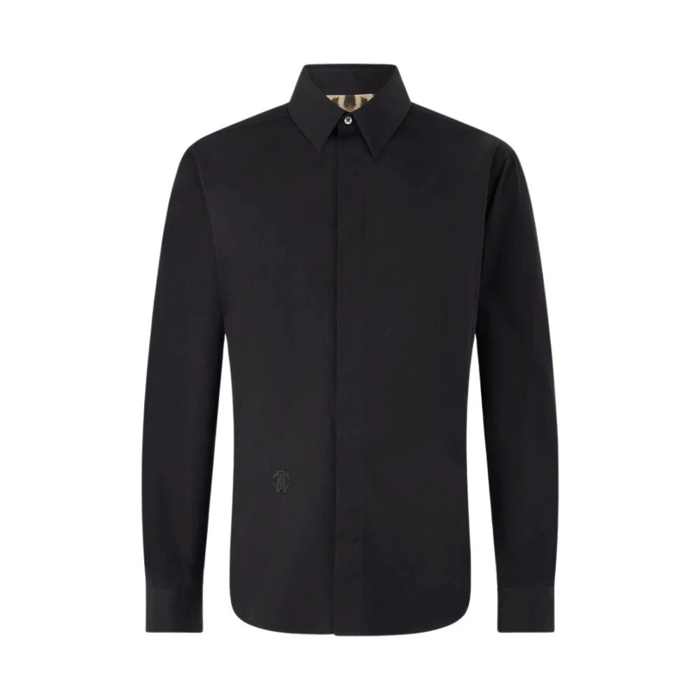 Roberto Cavalli Men's Black Embroidered Cotton Shirt With Snake Monogram - Formal Shirts - 3XL - Shirts