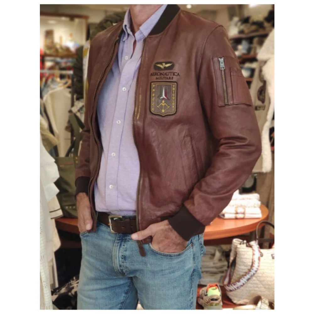 aeronautica militare Leren Bomberjack met Geribbelde Afwerkingen Brown Heren